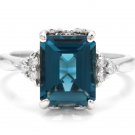 3.85 Carats Natural LONDON BLUE TOPAZ and Diamond 14K White Gold Ring