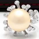 Splendid Natural 15mm South Sea Pearl and Diamond 14K Solid White Gold Ring