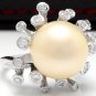 Splendid Natural 15mm South Sea Pearl and Diamond 14K Solid White Gold Ring