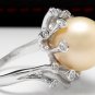 Splendid Natural 15mm South Sea Pearl and Diamond 14K Solid White Gold Ring