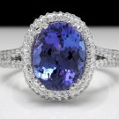 5.91 Carats NATURAL TANZANITE and DIAMOND 14K Solid White Gold Ring