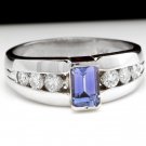 1.00 Carat NATURAL TANZANITE and DIAMOND 14K Solid White Gold Ring