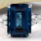 8.85 Carats Natural LONDON BLUE TOPAZ & Diamond 14K Solid White Gold Ring