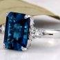 8.85 Carats Natural LONDON BLUE TOPAZ & Diamond 14K Solid White Gold Ring
