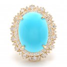 13.00 Carats Natural Turquoise and Diamond 14K Solid Yellow Gold Ring