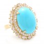 13.00 Carats Natural Turquoise and Diamond 14K Solid Yellow Gold Ring