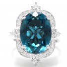 12.75 Carats Natural LONDON BLUE TOPAZ and Diamond 14K White Gold Ring