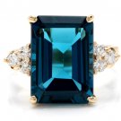 9.85Ct Natural LONDON BLUE TOPAZ & Diamond 14K Solid Yellow Gold Ring