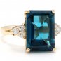 9.85Ct Natural LONDON BLUE TOPAZ & Diamond 14K Solid Yellow Gold Ring