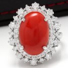 8.00 Carats Natural Coral and Diamond 14K Solid White Gold Ring