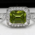3.75 Carats NATURAL PERIDOT and DIAMOND 14K Solid White Gold Ring
