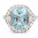 5.90 Carats NATURAL AQUAMARINE and DIAMOND 14K Solid White Gold Ring