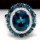 8.45 Carats Natural London Blue Topaz and Diamond 14K White Gold Ring