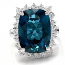 12.90Ct Natural LONDON BLUE TOPAZ & Diamond 14K Solid White Gold Ring