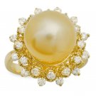 Splendid Natural South Sea Pearl and Diamond 14K Solid Yellow Gold Ring