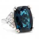 13.70 Carats Natural LONDON BLUE TOPAZ and Diamond 14K White Gold Ring