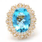 12.40 Carats Natural SWISS BLUE TOPAZ and Diamond 14K Yellow Gold Ring