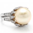 Splendid Natural South Sea Pearl and Diamond 14K Solid White Gold Ring