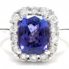 5.80 Carats NATURAL TANZANITE and DIAMOND 14K Solid White Gold Ring