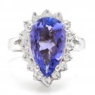 6.50 Carats NATURAL TANZANITE and DIAMOND 14K Solid White Gold Ring
