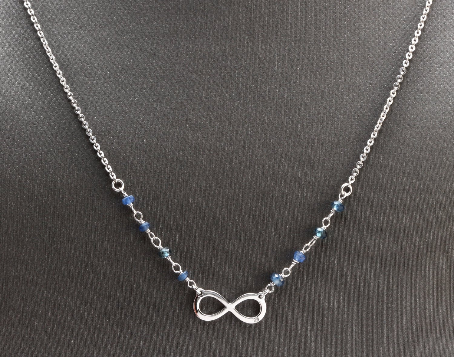 14K Solid White Gold Infinity Necklace with Natural Diamond Accent and Sapphires