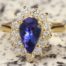 2.65 Carats NATURAL TANZANITE and DIAMOND 14K Solid Yellow Gold Ring