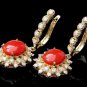 5.60Ct Natural Coral and Diamond 14K Solid Yellow Gold Earrings