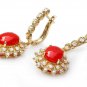 5.60Ct Natural Coral and Diamond 14K Solid Yellow Gold Earrings