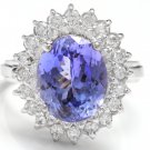 6.35 Carats NATURAL TANZANITE and DIAMOND 14K Solid White Gold Ring
