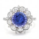 5.20 Carats NATURAL TANZANITE and DIAMOND 14K Solid White Gold Ring