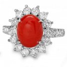 3.45 Carats Natural Coral and Diamond 14K Solid White Gold Ring