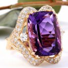 13.50 Carats Natural Amethyst and Diamond 14K Solid Yellow Gold Ring