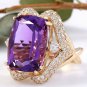 13.50 Carats Natural Amethyst and Diamond 14K Solid Yellow Gold Ring