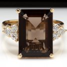 7.35Ct Natural Smokey Quartz & Diamond 14K Solid Yellow Gold Ring