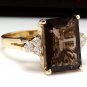7.35Ct Natural Smokey Quartz & Diamond 14K Solid Yellow Gold Ring