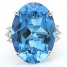 25.25 Carats Natural Swiss Blue Topaz & Diamond 14K Solid White Gold Ring