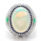 8.00Ct Natural Opal Sapphire Emerald & Diamond 14K Solid White Gold Ring