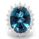 12.05 Carats Natural London Blue Topaz and Diamond 14K Solid White Gold Ring