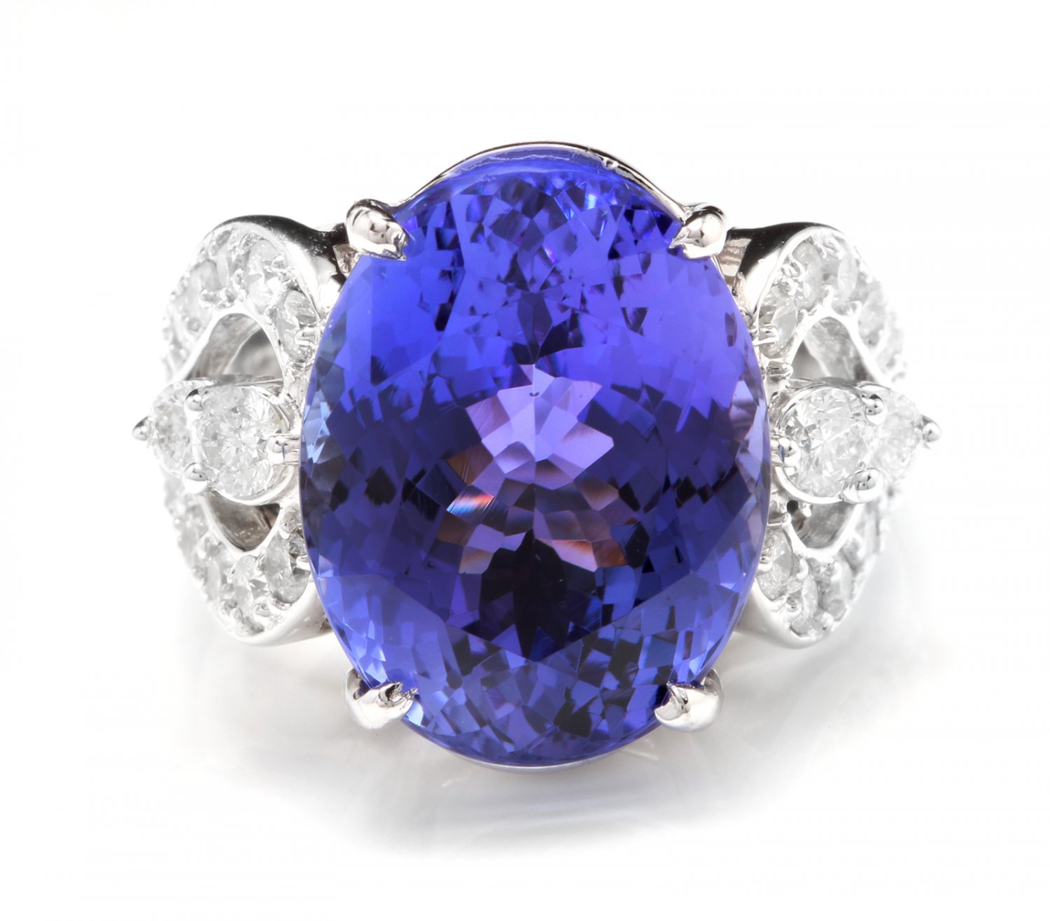 13.20 Carats NATURAL TANZANITE and DIAMOND 14K Solid White Gold Ring
