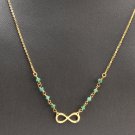 14K Solid Yellow Gold Infinity Necklace with Natural Diamond Accent & Emeralds