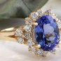 3.84 Carats NATURAL TANZANITE and DIAMOND 14K Solid Yellow Gold Ring