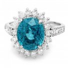 6.80 Carats Natural Blue Zircon and Diamond 14K Solid White Gold Ring