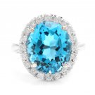 11.00 Carats Natural Swiss Blue Topaz & Diamond 14K Solid White Gold Ring