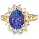 3.85 Carats NATURAL TANZANITE and DIAMOND 14K Solid Yellow Gold Ring