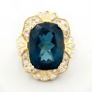 13.75Ct Natural LONDON BLUE TOPAZ & Diamond 14K Solid Yellow Gold Ring