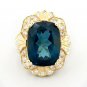 13.75Ct Natural LONDON BLUE TOPAZ & Diamond 14K Solid Yellow Gold Ring