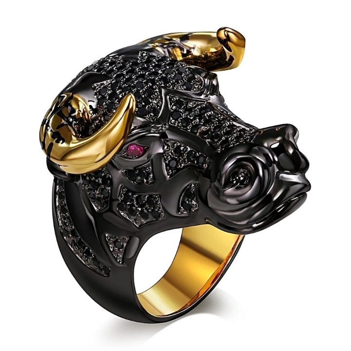 Chunky Black Bull Ring Golden Horns Punk Hip Hop CZ Unisex Ring