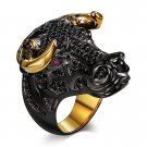 Chunky Black Bull Ring Golden Horns Punk Hip Hop CZ Unisex Ring