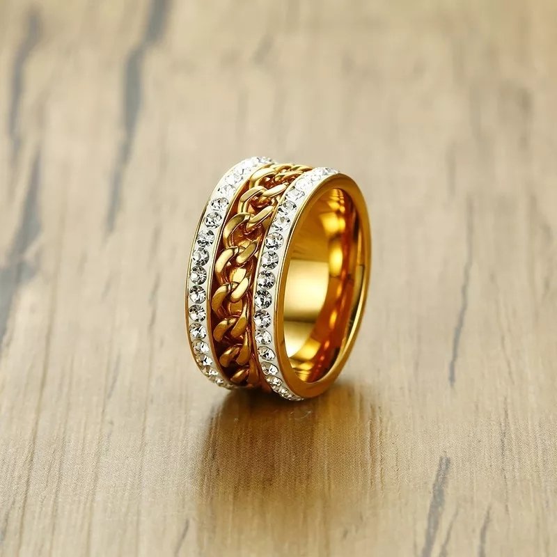 Gold Color Spinner Stylish Crystal Chain Wedding Band Stainless Steel Ring