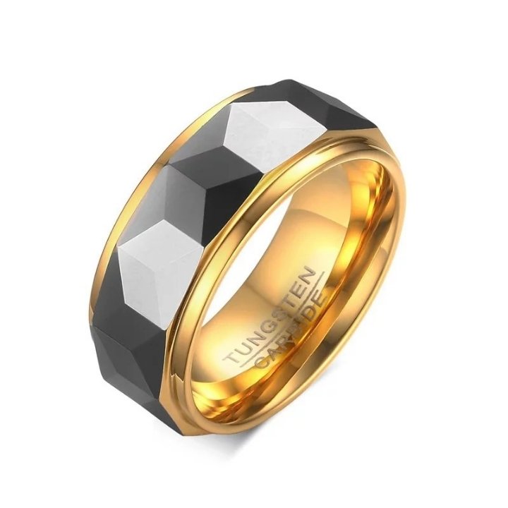 8mm Wide Faceted Cut Geometric Tungsten Carbide Wedding Rings